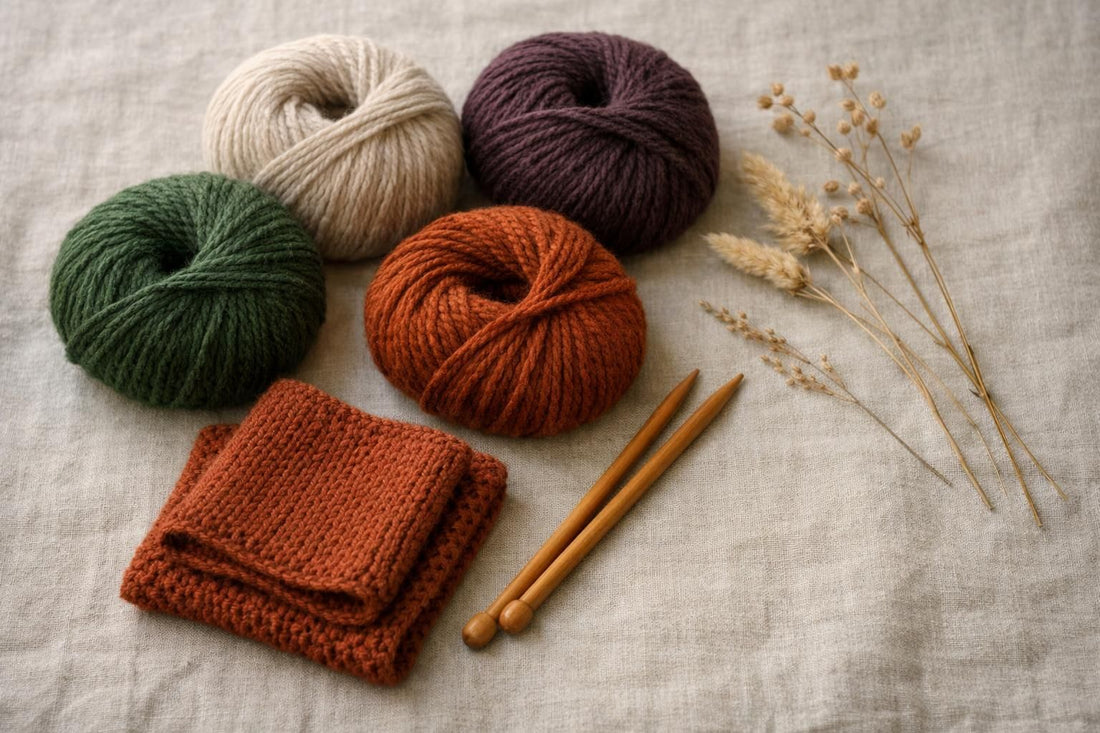 Photo à plat de pelotes de laine et d'aiguilles à tricoter — Acheter la laine Lang Yarns : le guide pour bien choisir