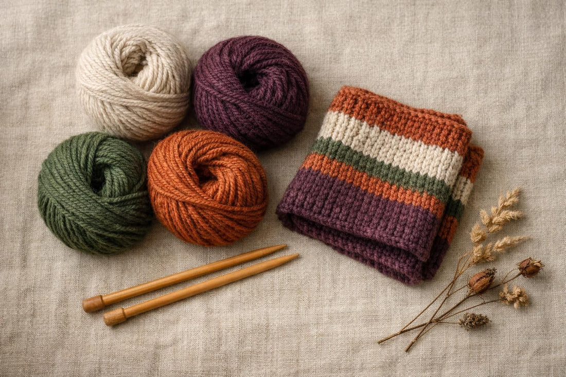 Photo à plat de pelotes de laine et d'aiguilles à tricoter — 7048 Chaussettes de Noël : modèles de tricot et de crochet