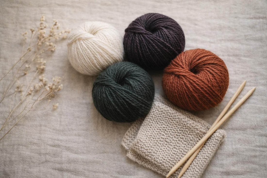 Photo à plat de pelotes de laine et d'aiguilles à tricoter — Sabrina 09-2026 : deux modèles Lang Yarns