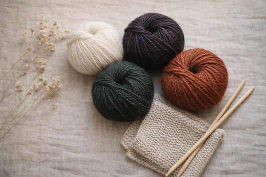 Photo à plat de pelotes de laine et d'aiguilles à tricoter — Sabrina 09-2026 : deux modèles Lang Yarns