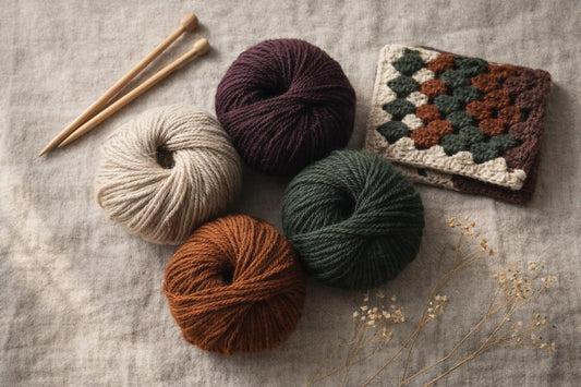 Photo à plat de pelotes de laine et d'aiguilles à tricoter — Veste au crochet en NOMAD : le rythme des granny squares